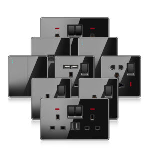 Luxury Black UK Wall Switch & Socket – Full Tempered Glass Panel with USB, 1Gang 2Gang 3Gang 4Gang